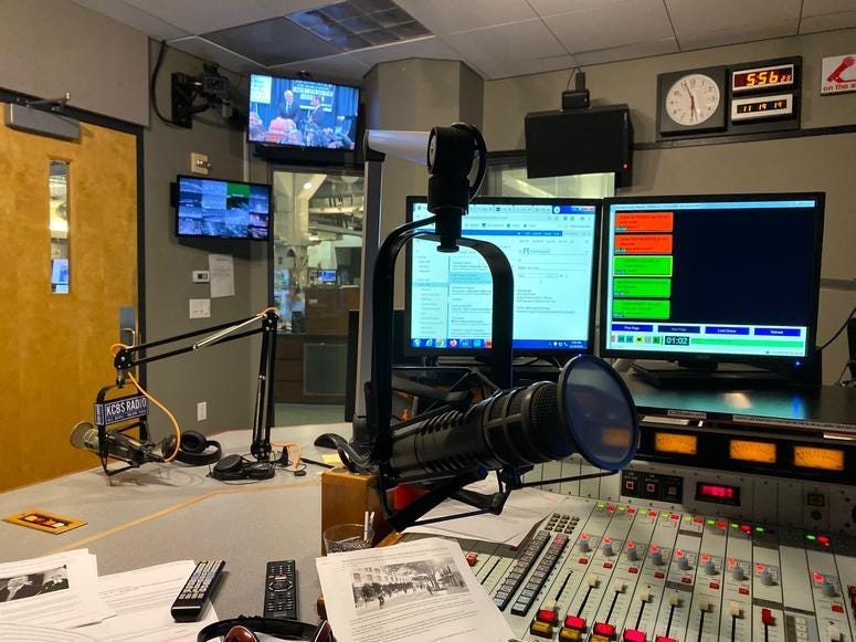 The view inside KCBS Radio's studio on Nov. 19, 2019.