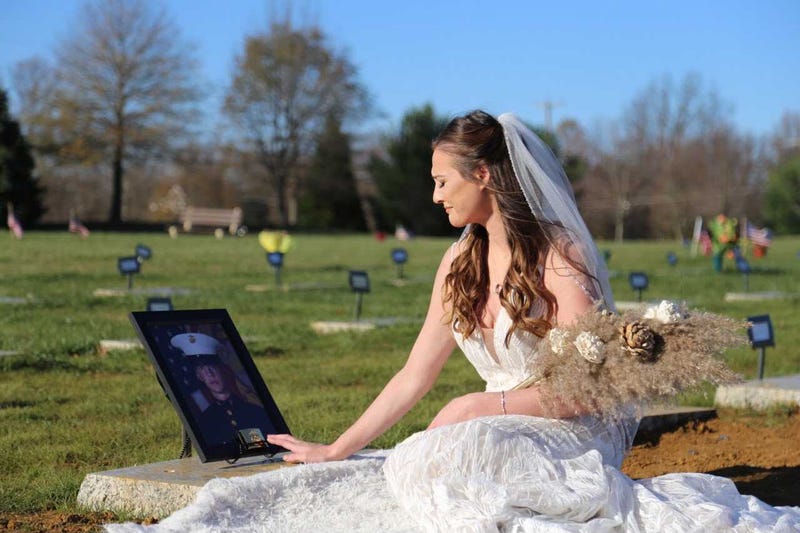 Chelsea Todd wore her wedding dress to visit the grave of fiancé, Marine veteran Patrick Duva, for the first time. Duva died just weeks before the couple's wedding day of a rare cancer his family believes was caused by toxic exposure during military service.