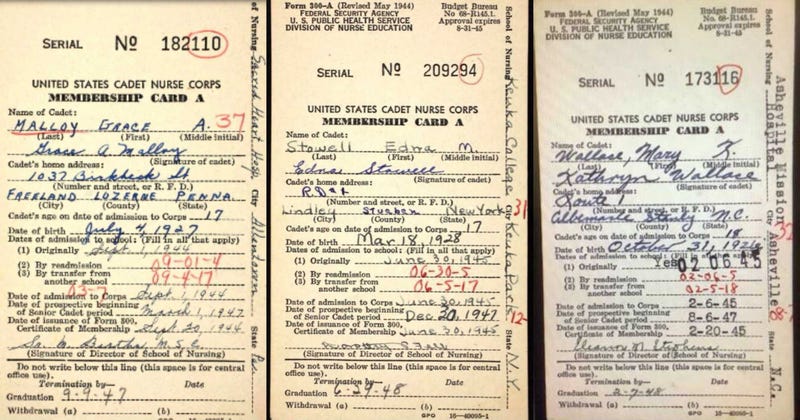Cadet Nurse Corps membership cards for Grace Ann Malloy Carr, Edna Stowell, Mary Catherine Wallace.