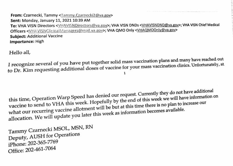 An internal memo from VA health officials says that Operation Warp Speed denied VA's request for more vaccine doses.
