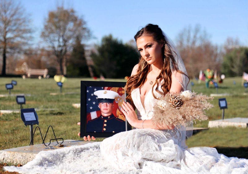 Chelsea Todd wore her wedding dress to visit the grave of fiancé, Marine veteran Patrick Duva, for the first time. Duva died just weeks before the couple's wedding day of a rare cancer his family believes was caused by toxic exposure during military service.