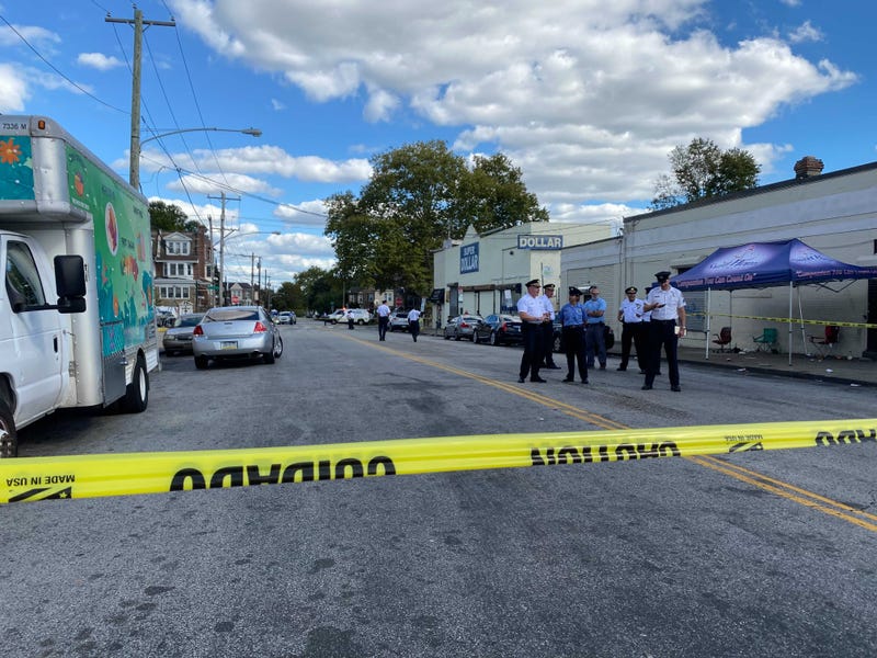 The intersection of Broad Street and Chew Avenue in North Philadelphia, where six people were shot Monday. One of those victims died.