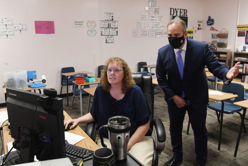 Clark County School District Superintendent Jesus Jara watches a teacher do distance learning
