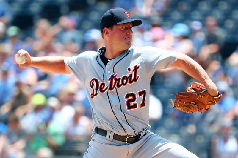 Jul 14, 2019; Kansas City, MO, USA; Detroit Tigers starting pitcher Jordan Zimmerman (27) pitches against the Kansas City Royals during the first inning at Kauffman Stadium. Mandatory Credit: Jay Biggerstaff-USA TODAY Sports