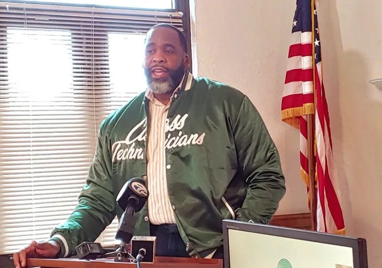 Rev. Kwame Kilpatrick, former mayor of Detroit, speaks at a news conference in Detroit on March 23, 2022.