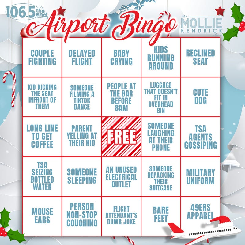 bingo card with holiday airport travel theme
