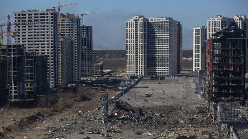 A view to the site of an explosion as a result of a missile strike into the shopping mall on March 21, 2022 in Kyiv, Ukraine.