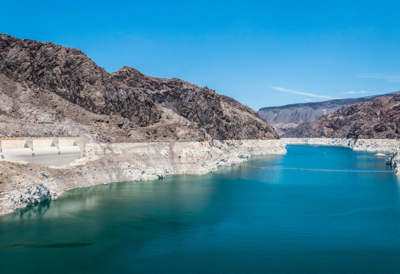 A view of Lake Mead, showcasing the lake's low water level