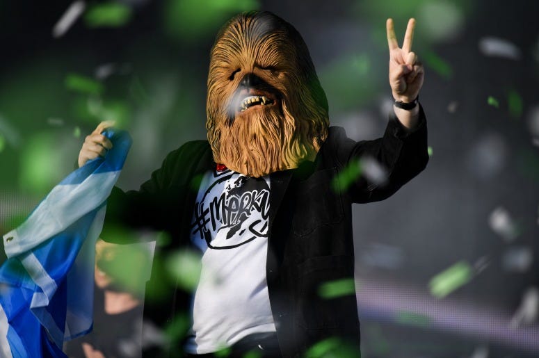 Lewis Capaldi comes on stage wearing a Chewbacca mask to perform on the main stage during the TRNSMT Festival at Glasgow Green