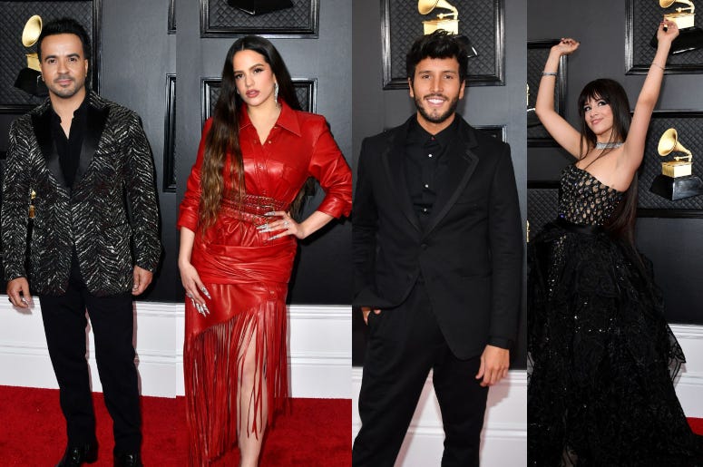 Luis Fonsi, Rosalia, Sebastian Yatra, Camila Cabello en alfombra roja de los Premios GRAMMY 2020