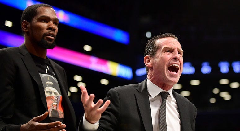 Coach Kenny Atkinson and Kevin Durant of the Brooklyn Nets react during a game against the Indiana Pacers at Barclays Center on Nov. 18, 2019.