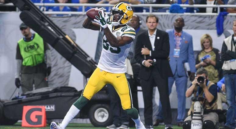 Packers wide receiver Marquez Valdes-Scantling catches a touchdown pass against the Detroit Lions on Oct. 7, 2018, at Ford Field.