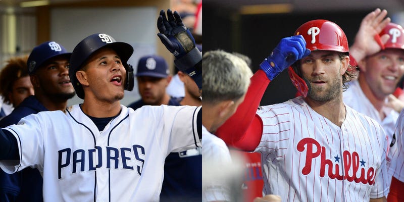 Manny Machado (left) and the Padres will face off with Bryce Harper (right) and the Phillies this weekend.
