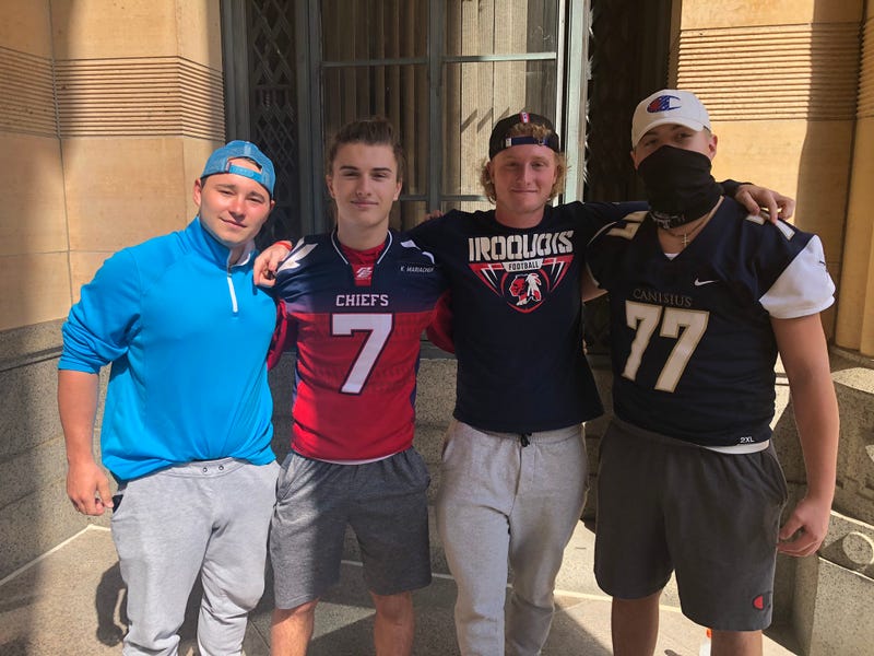 Iroquois football players gather outside Buffalo City Hall and push for state to allow high-impact sports like football to begin in the fall. September 19, 2020