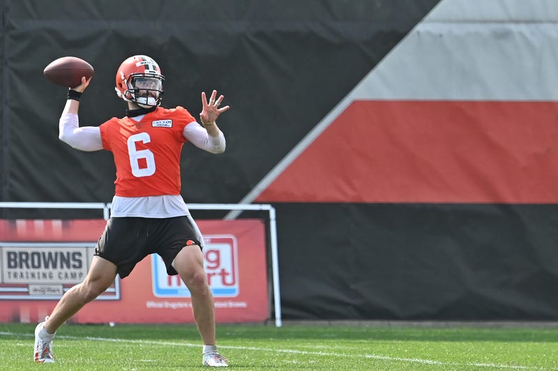 Aug 14, 2020; Berea, Ohio, USA; Cleveland Browns quarterback Baker Mayfield (6) throws a pass after practice at the Cleveland Browns training facility.