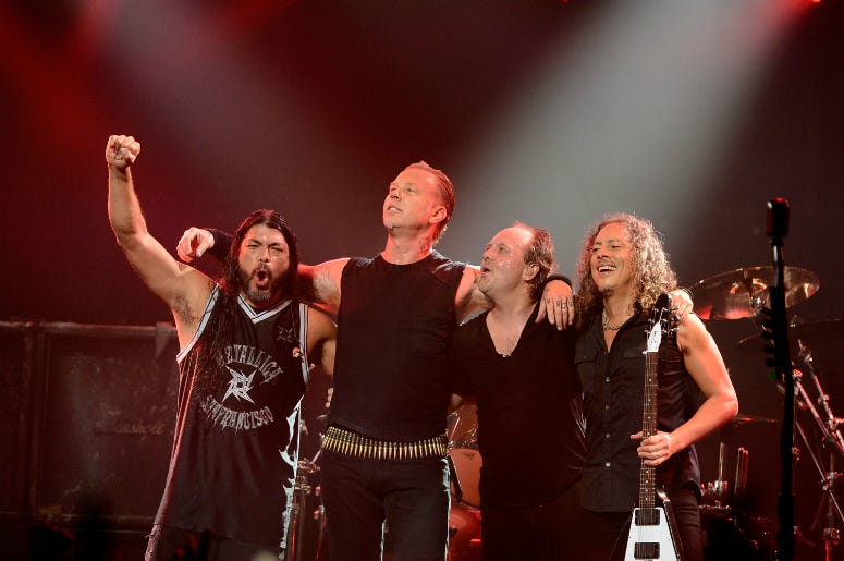 Robert Trujillo, James Hetfield, Lars Ulrich, Kirk Hammett perform at the 5th Annual Revolver Golden Gods Award Show