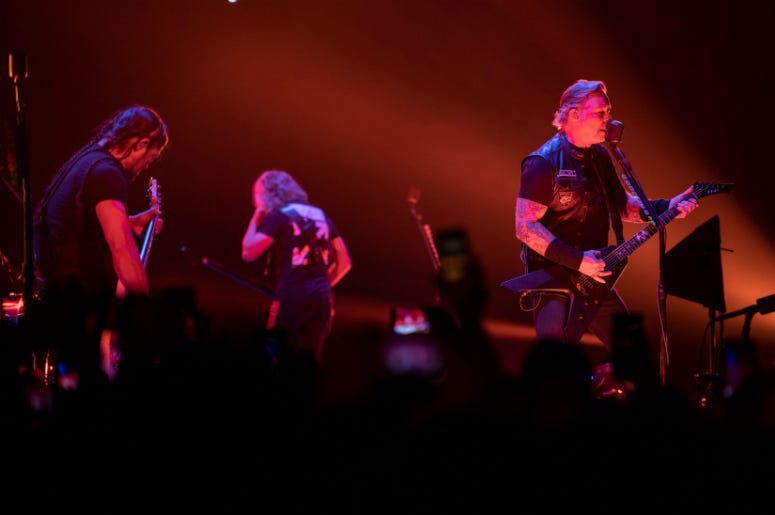 Metallica bassist Robert Trujillo, guitarist Kirk Hammett, and vocalist/guitarist James Hetfield
