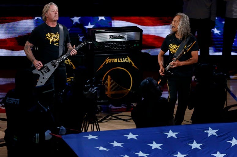 The American national anthem is performed by Metallica prior to game Three of the 2019 NBA Finals