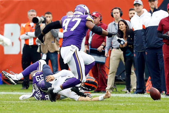 Mitchell Trubisky is taken down by Danielle Hunter