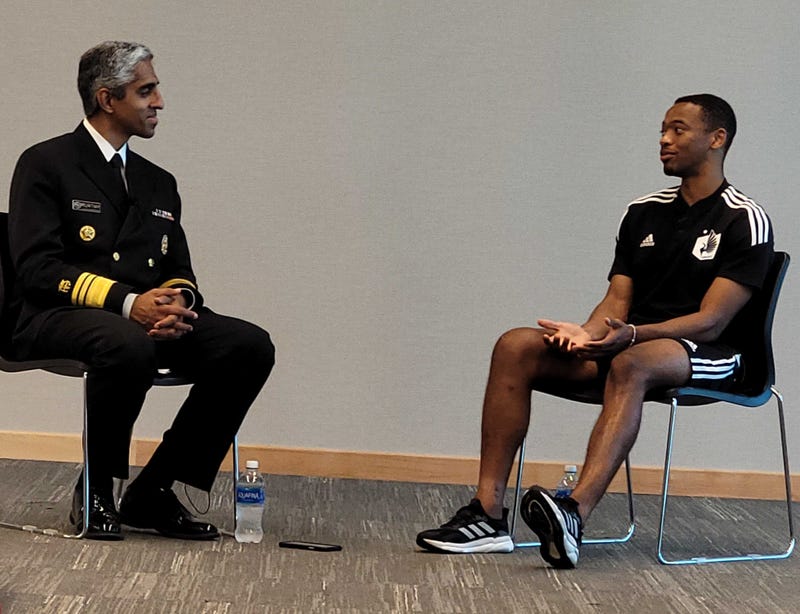 From left to right: Dr. Vivek Murthy, U.S Surgeon General and Jacori Hayes, MN United FC midfielder