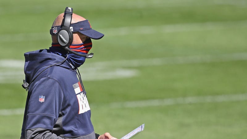 Head coach Matt Nagy of the Chicago bears watches as his team takes on the New York Giants at Soldier Field on September 20, 2020 in Chicago, Illinois.
