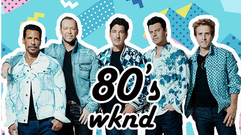 NKOTB band on 80's retro background