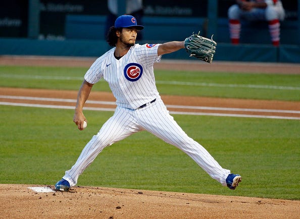 Yu Darvish delivers a pitch for the Cubs.