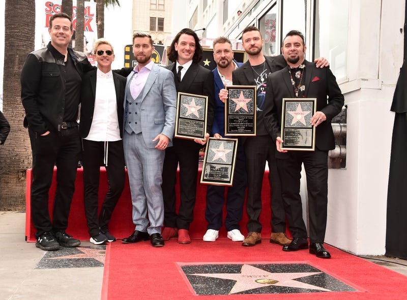 Carson Daly, Ellen Degeneres, Lance Bass, JC Chasez, Joey Fatone, Justin Timberlake and Chris Kirkpatrick at a ceremony honoring 'NSYNC with a star on the Hollywood Walk of Fame on April 30, 2018 in Hollywood, California