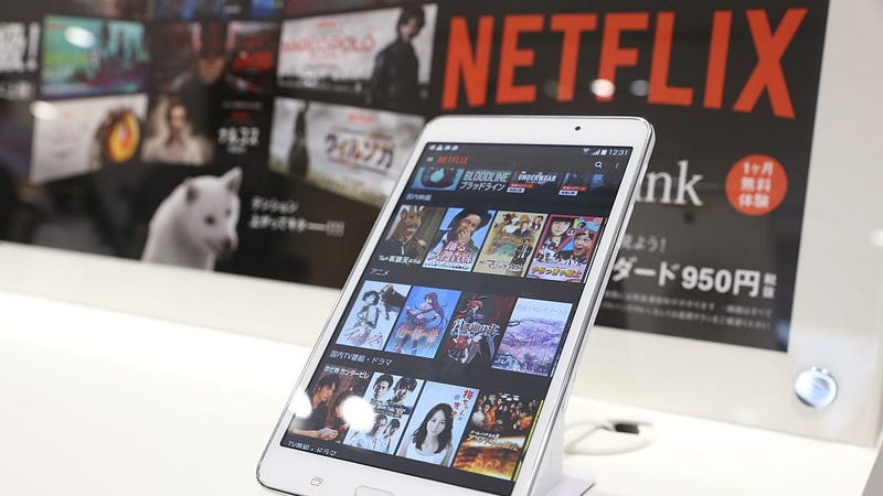 A smart phone sits on display during the launch event for Netflix service in Japan at SoftBank Ginza store on September 2, 2015 in Tokyo, Japan. .