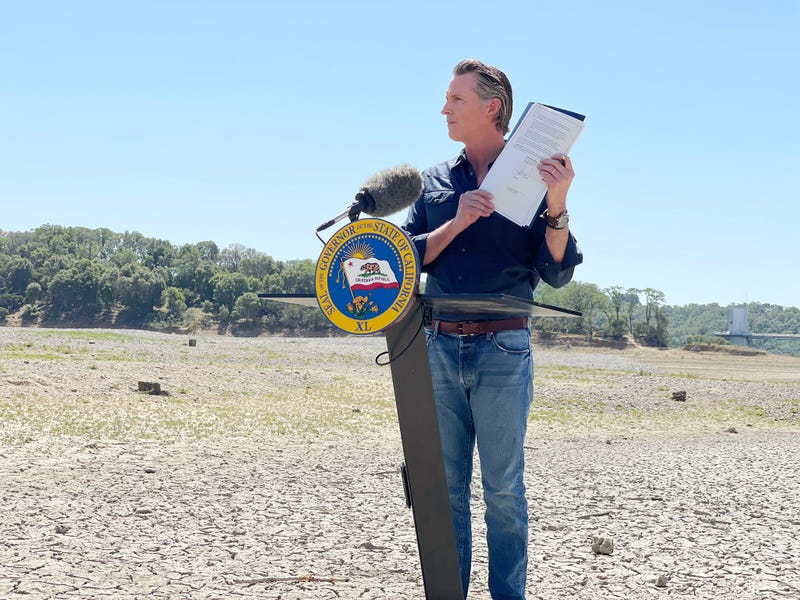 Gov. Newsom at Lake Mendocino for Wednesday's drought emergency announcement.