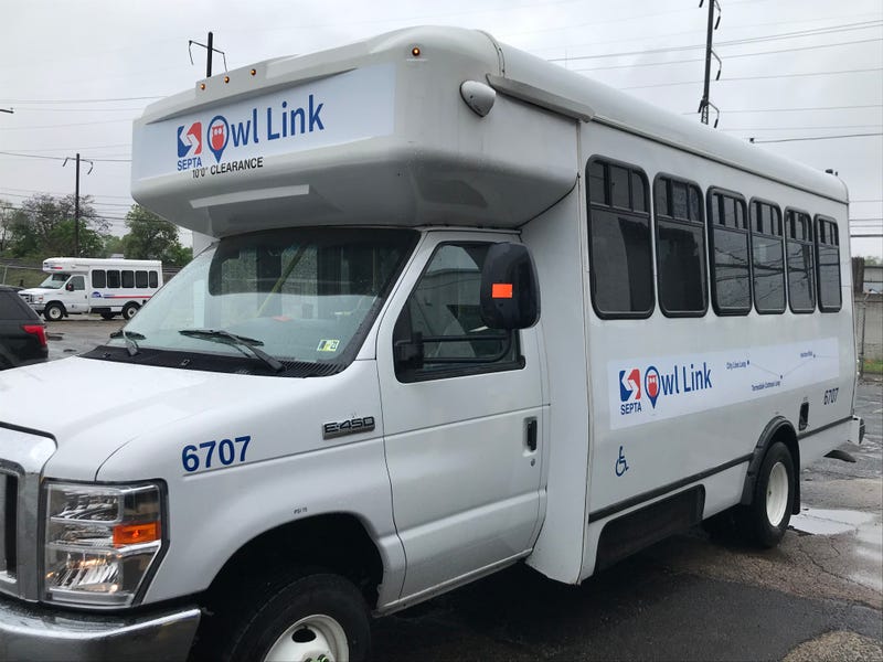 A repurposed SEPTA paratransit van, with the new Owl Link signage.