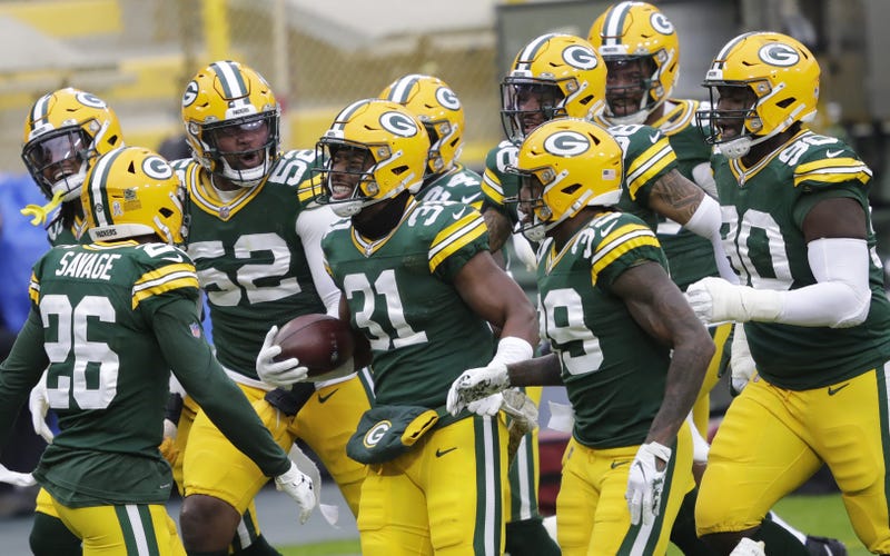 Green Bay Packers strong safety Adrian Amos (31) celebrates his interception with teammates against the Jacksonville Jaguars in the second quarter Sunday, November 15, 2020, at Lambeau Field in Green Bay, Wis. Apc Packvsjaguars 1113200553