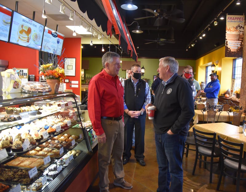 Missouri Governor Mike Parson visits a restaurant in Cape Girardeau on Wed. Oct. 28, 2020