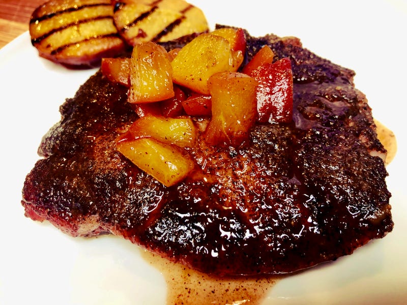 Brown Sugar and Chili Rubbed Pork Chops with a Cinnamon Peach Chutney