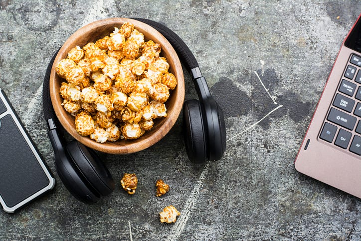 popcorn, headphones