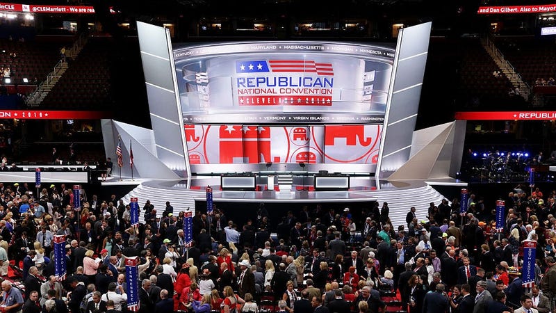 The stage is left empty after Republican National Committee Chairman Reince Priebus left the stage during protests on the floor on the first day of the Republican National Convention on July 18, 2016 at the Quicken Loans Arena in Cleveland, Ohio. 