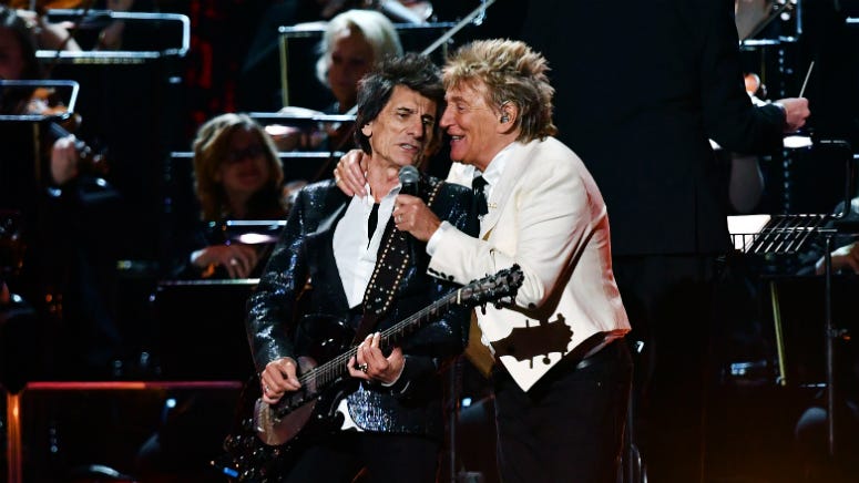 Ronnie Wood and Rod Stewart perform during The BRIT Awards 2020 at The O2 Arena on February 18, 2020 in London, England.