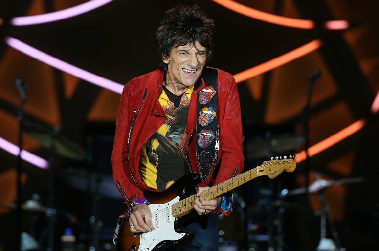 Ronnie Wood on guitar as The Rolling Stones perform live at Mt Smart Stadium.