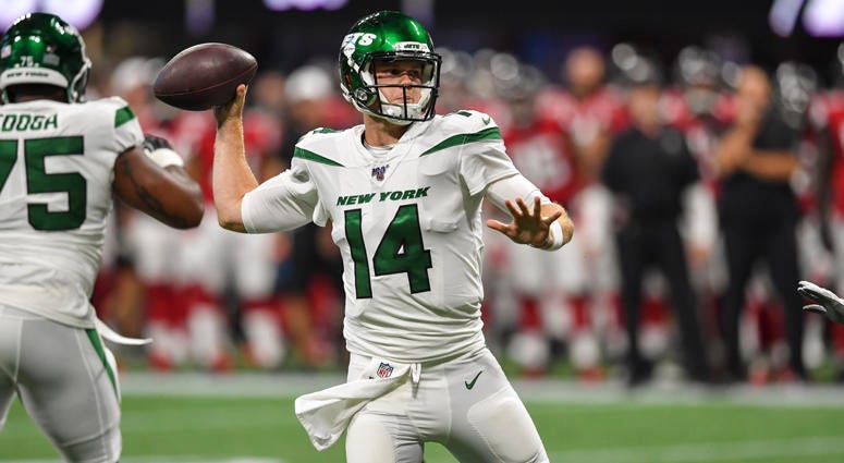 Jets quarterback Sam Darnold passes against the Falcons on Aug. 15, 2019, at Mercedes-Benz Stadium in Atlanta.