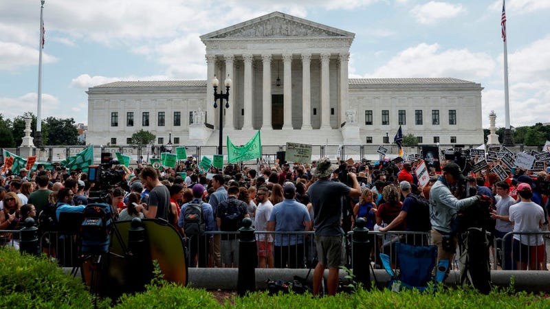 Abortion-rights and Anti-Abortion rights activists fill first street in front of the U.S. Supreme Court after the announcement to the Dobbs v Jackson Women's Health Organization ruling on June 24, 2022 in Washington, DC.
