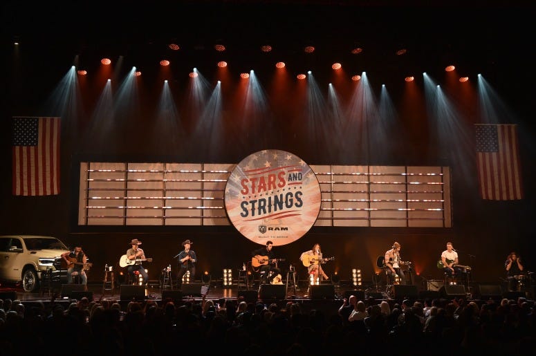 Jon Pardi, Maren Morris and Ryan Hurd perform on stage during “Stars and Strings Presented by RAM Trucks Built to Serve,” a RADIO.COM Event