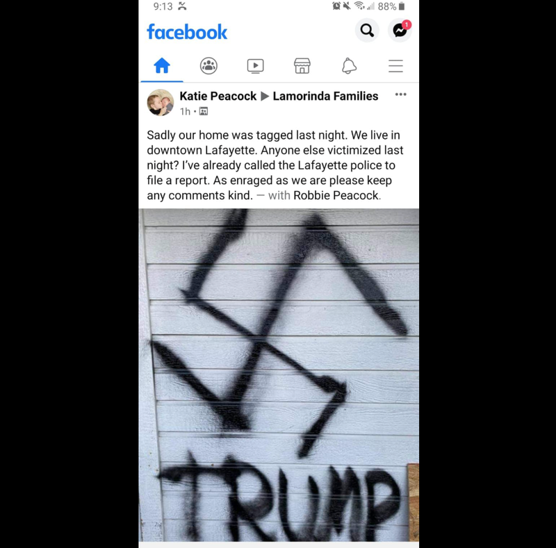 A photo of the vandalism, shared in a private Facebook group.