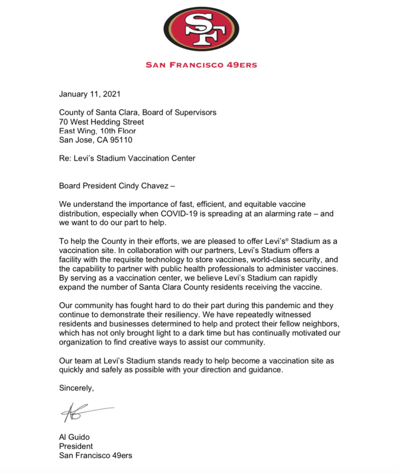 The letter sent late Monday by San Francisco 49ers President Al Guido to Santa Clara County Board of Supervisors President Cindy Chavez.