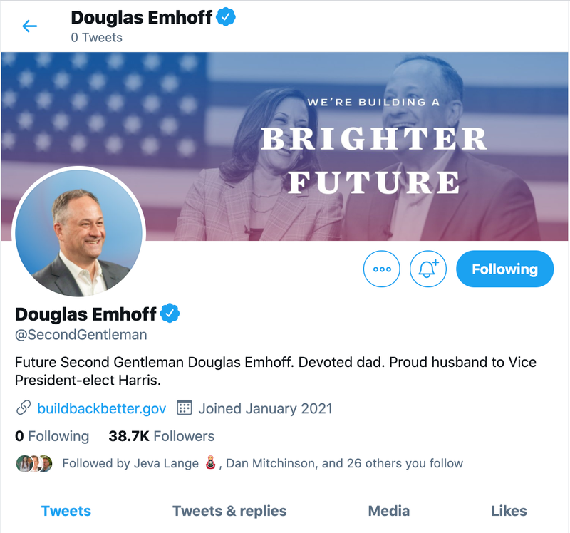 Douglas Emhoff, the incoming Second Gentleman of the United States, on Twitter as @SecondGentleman.