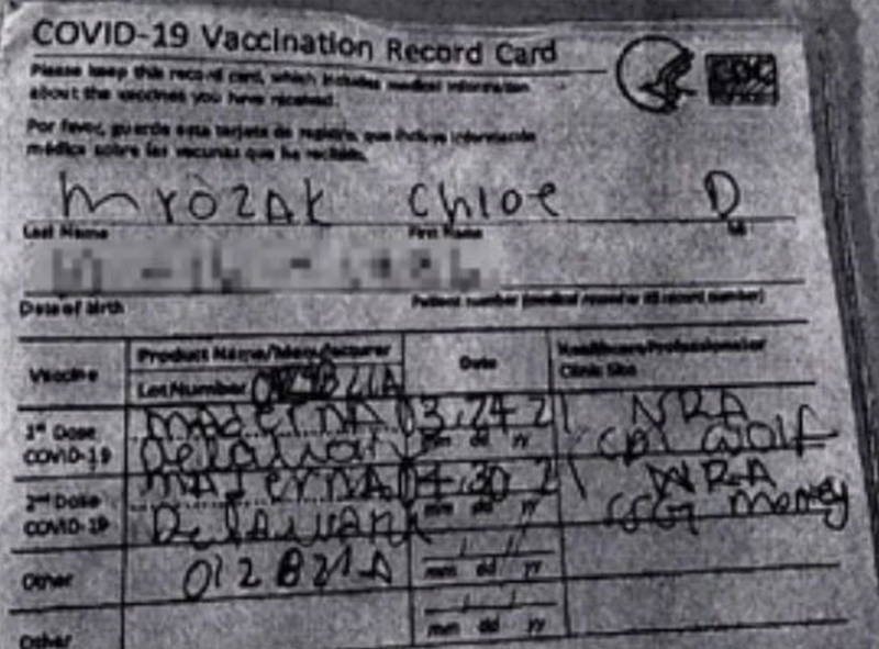 The fraudulent vaccine card in question was handwritten and had 'Maderna' instead of 'Moderna' written in for both doses.