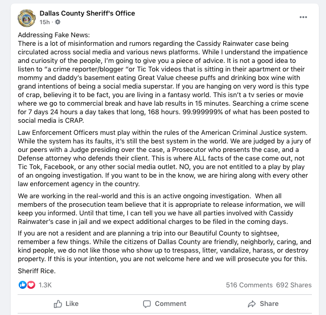 Sheriff's rant on Facebook