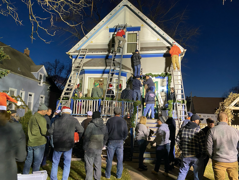 Holiday decorations being installed
