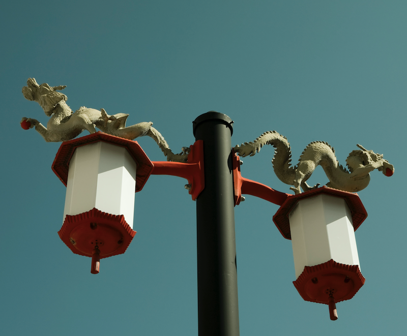 Dragon-themed lamps in Chicago's Chinatown