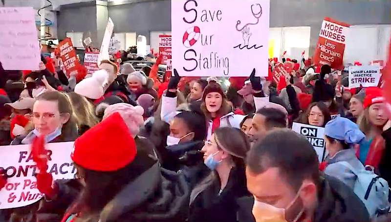Nurses protest over pay and staffing outside Mount Sinai Hospital in Manhattan on Monday morning.