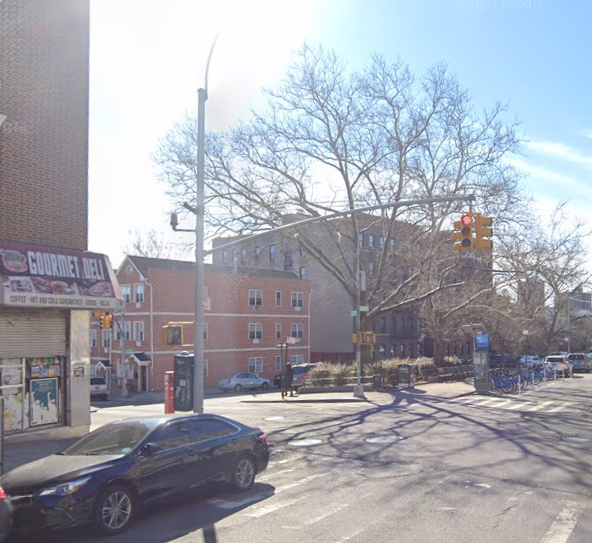 The intersection of East 173rd Street and Clay Avenue where a police officer was hit during a traffic stop on Tuesday, according to officials.